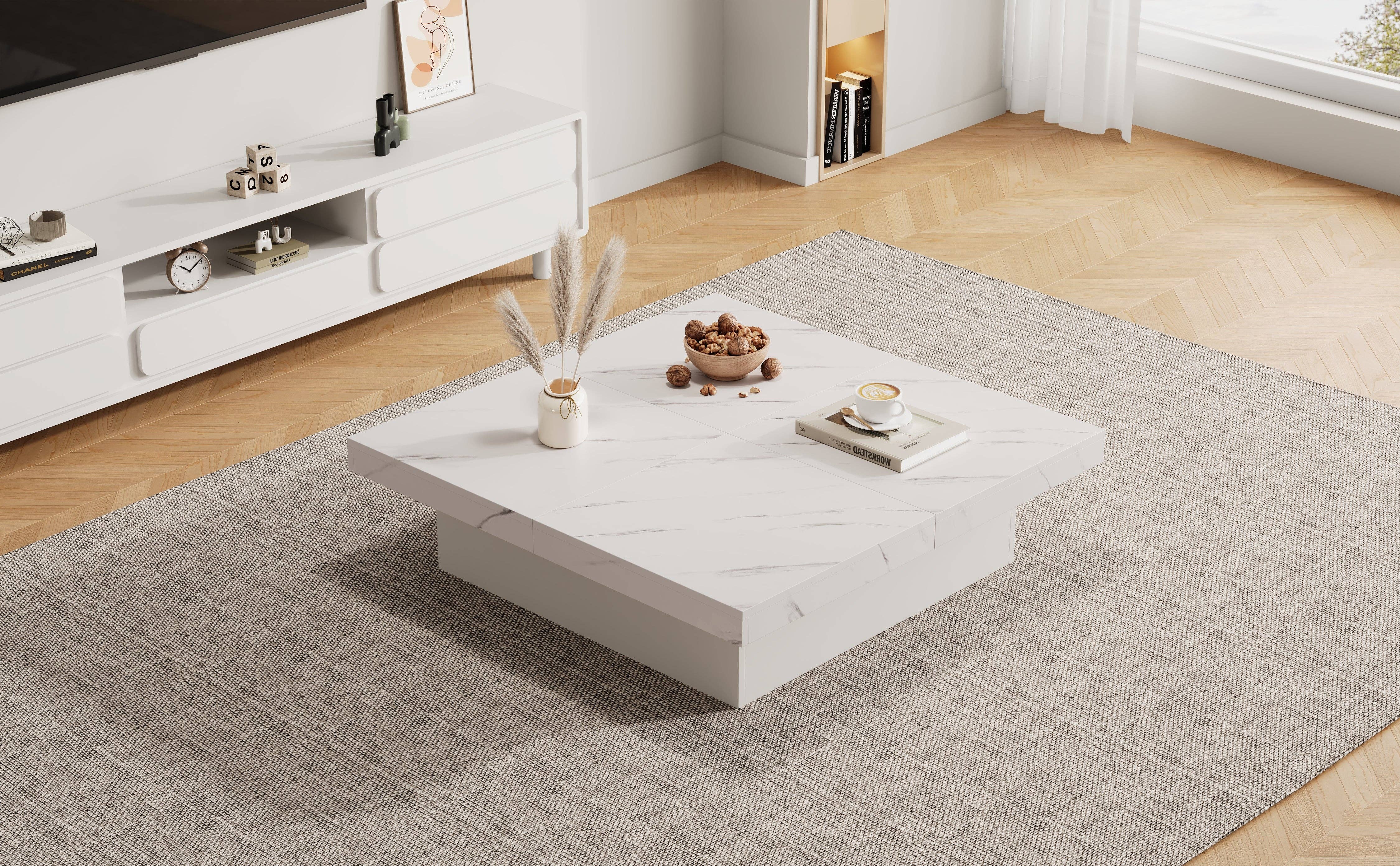 Urban Meuble - Wholesale Side Table - Modern white square coffee table with marble effect, 4 drawers, sliding top 90x90x25cm KHEKRIED23