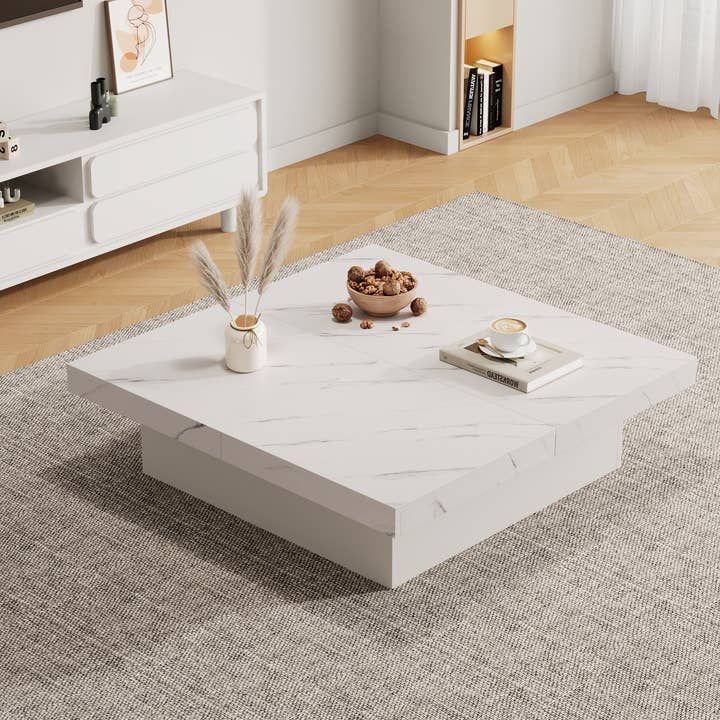 Urban Meuble - Wholesale Side Table - Modern white square coffee table with marble effect, 4 drawers, sliding top 90x90x25cm KHEKRIED23