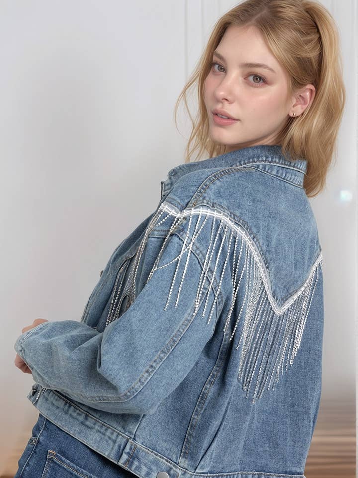 CROP JEANSJACKE MIT STRASSFRANSEN für den Großhandel von Pink Irene Wholesale