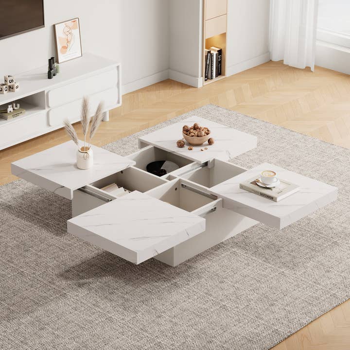 Urban Meuble - Wholesale Side Table - Modern white square coffee table with marble effect, 4 drawers, sliding top 90x90x25cm KHEKRIED2