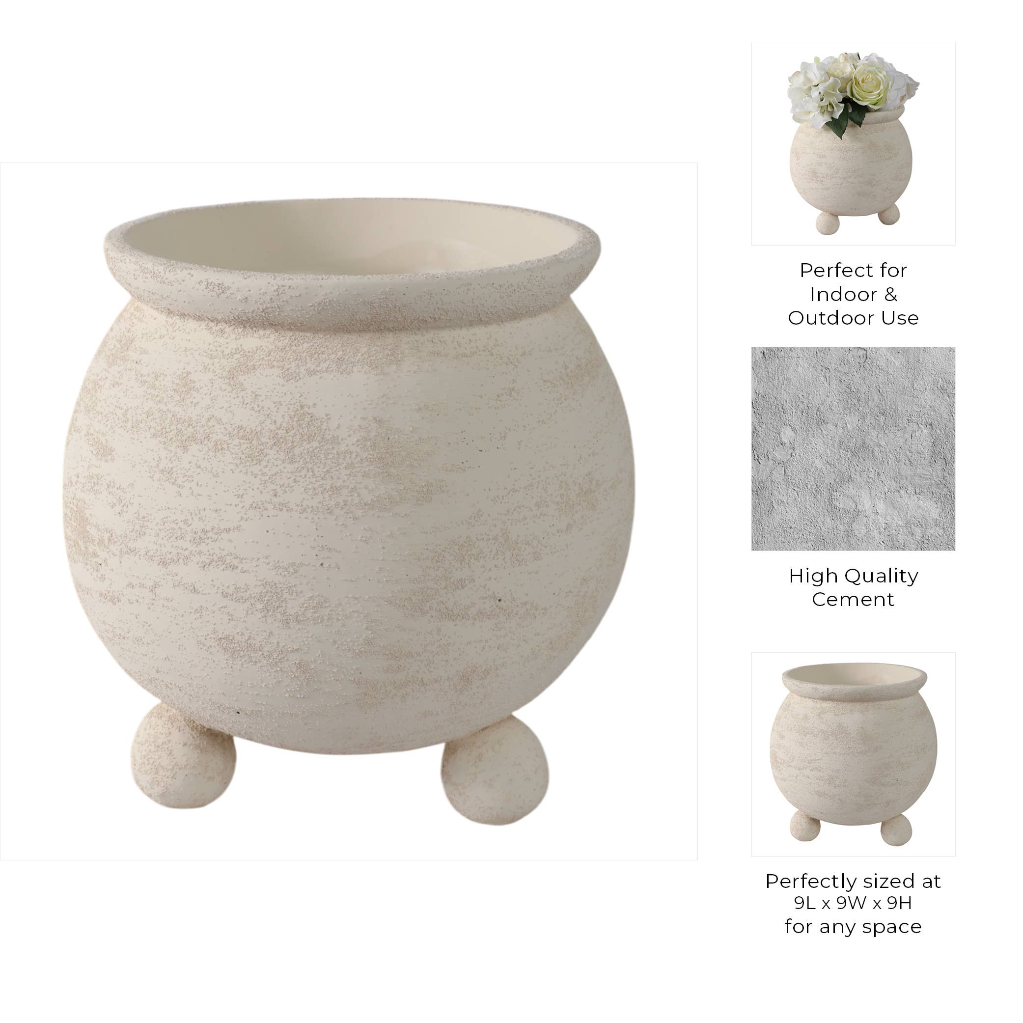 Sagebrook Home - Wholesale Plant Pot - Planter - Ivory Pottery Round Textured On Ball Feet, 9 in.4
