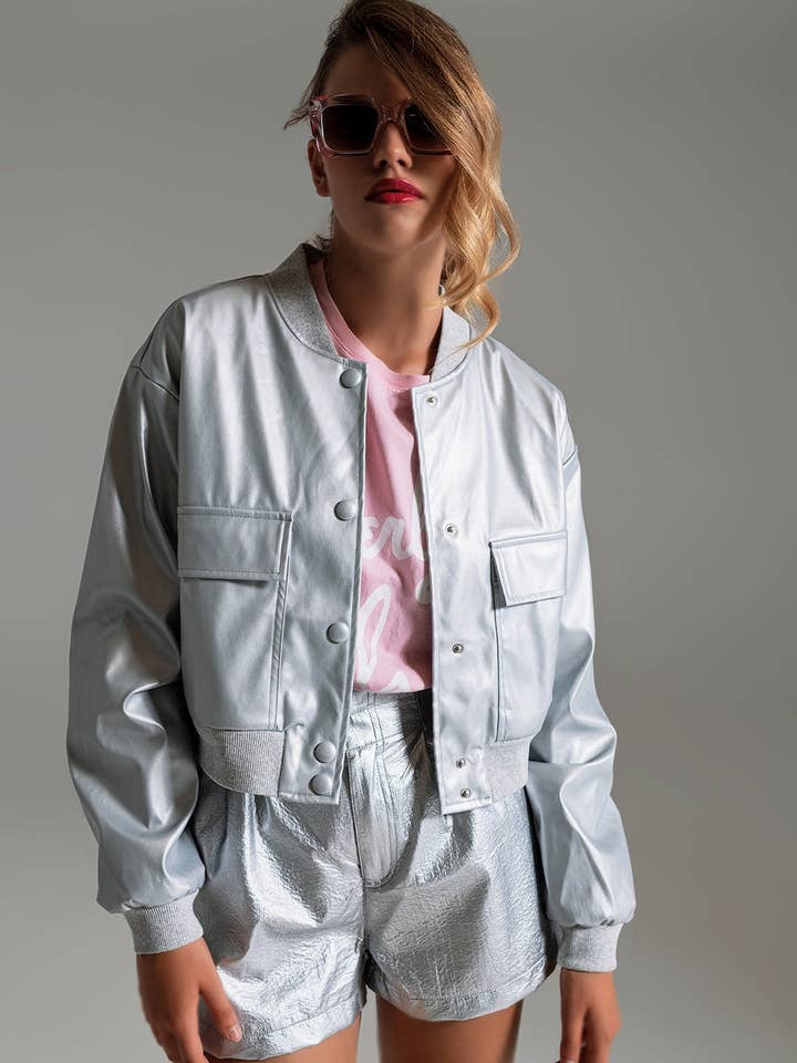 Metallic Bomber Jacket With Front Pockets in Silver for wholesale by Q2—All Orders:Free Duties for the US,UK,and Canada