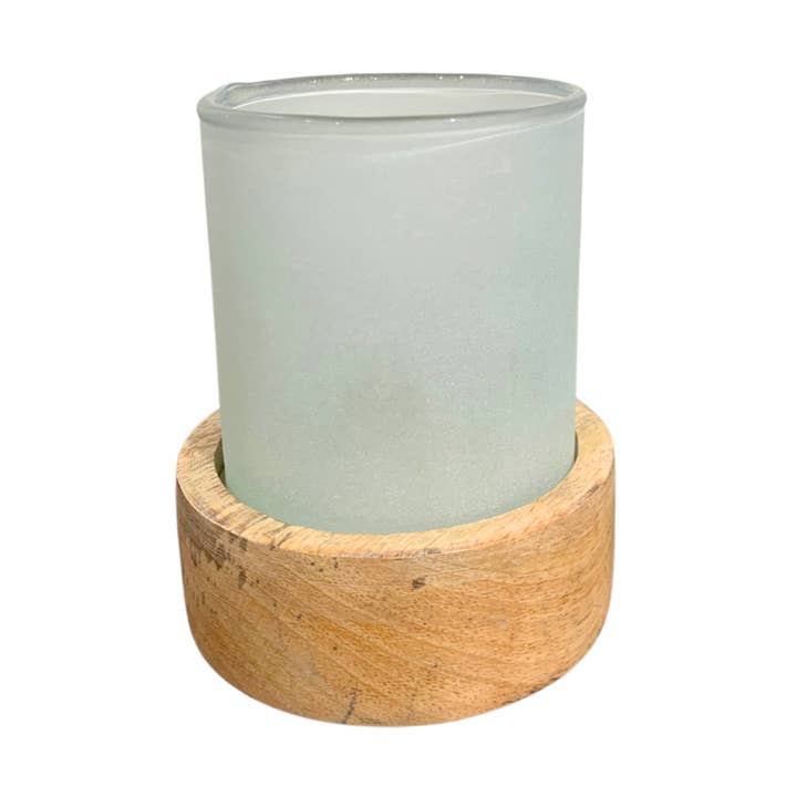 MODERN FROSTED GLASS CANDLE HOLDER W/ WOODEN BASE 4.5" H X 3 for wholesale by David Christopher's Collection
