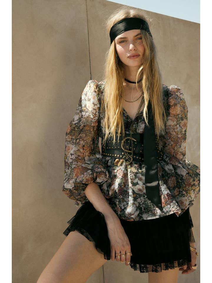 BLACK Floral-Print Organza Puff-Sleeve Peplum Top for wholesale on Faire