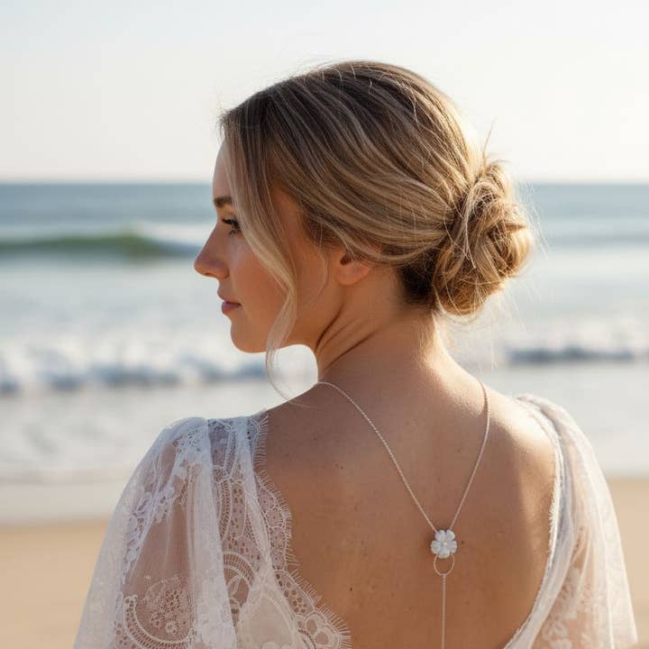 Wedding Backless Necklace- Y Backless Jewelry- White Flower for wholesale by L'atelier du 6