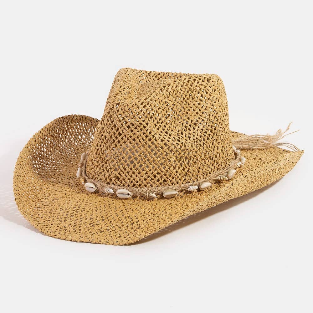 Collections by Fame Accessories – Engroshandel Cowboyhat - Dame – Cowboyhat med snor af stråflet og cowrie-skaller6