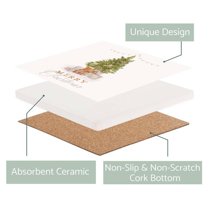 Clairmont & Co - Wholesale Coasters - Square Coaster, Cottage Tree, Merry Christmas, Home Decor2