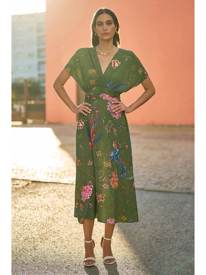 Yumi Green Bird and Floral Print Ruched Waist Kimono Midi Dress for wholesale on Faire