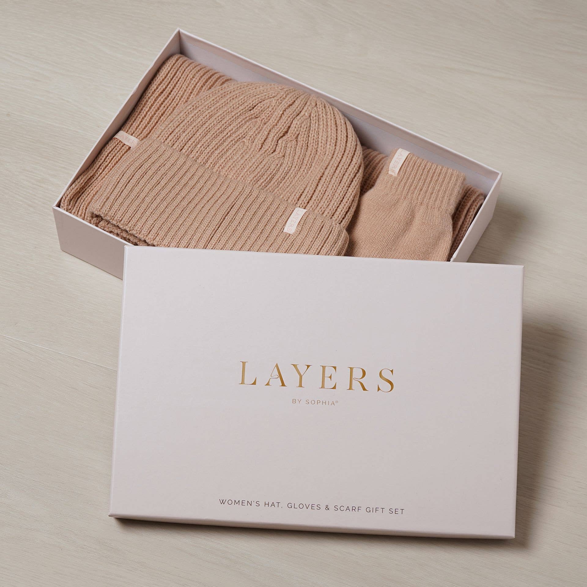 WIDDOP and Co. - Wholesale Socks - Unisex - Sophia Layers Cosy Knit Hat Glove & Scarf Gift Set - Nude12