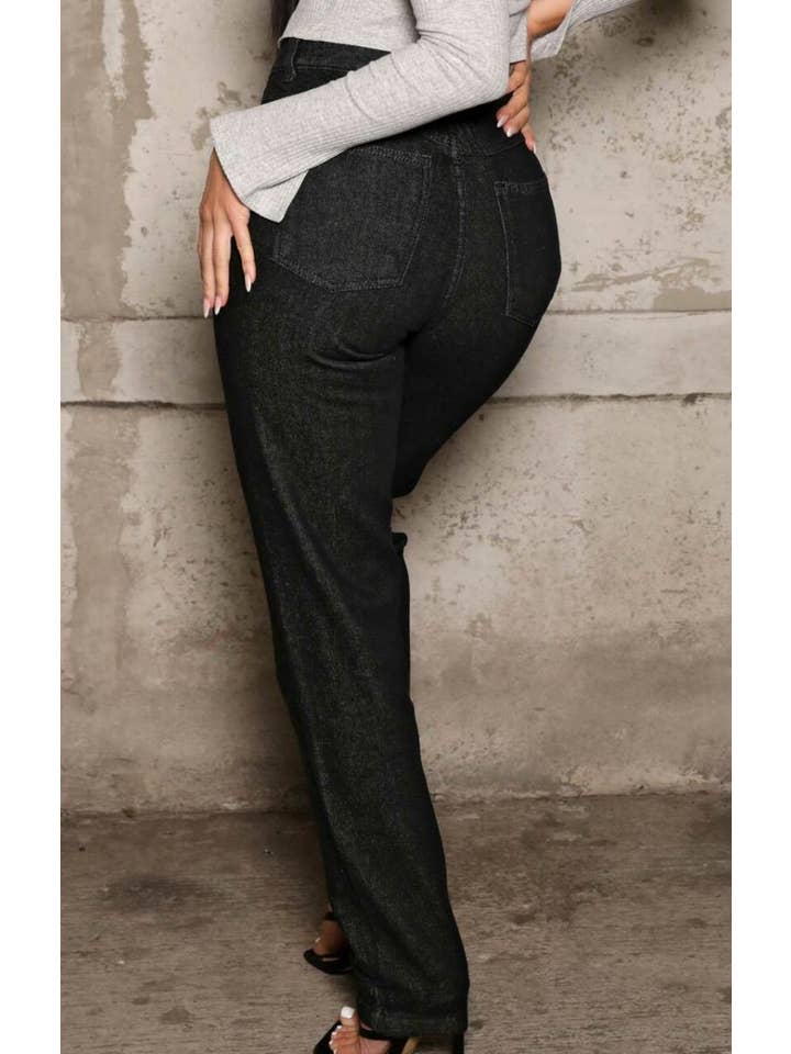 Femme Luxe - Wholesale Jeans - Women's - Black High Waisted Button Up Straight Leg Denim Jeans6