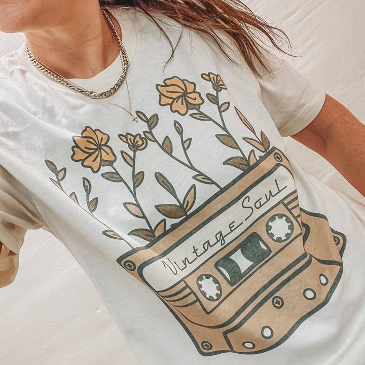 Cassette Vintage Soul Floral Graphic Tees Botanical Women's for wholesale by Amy Anne Apparel Inc