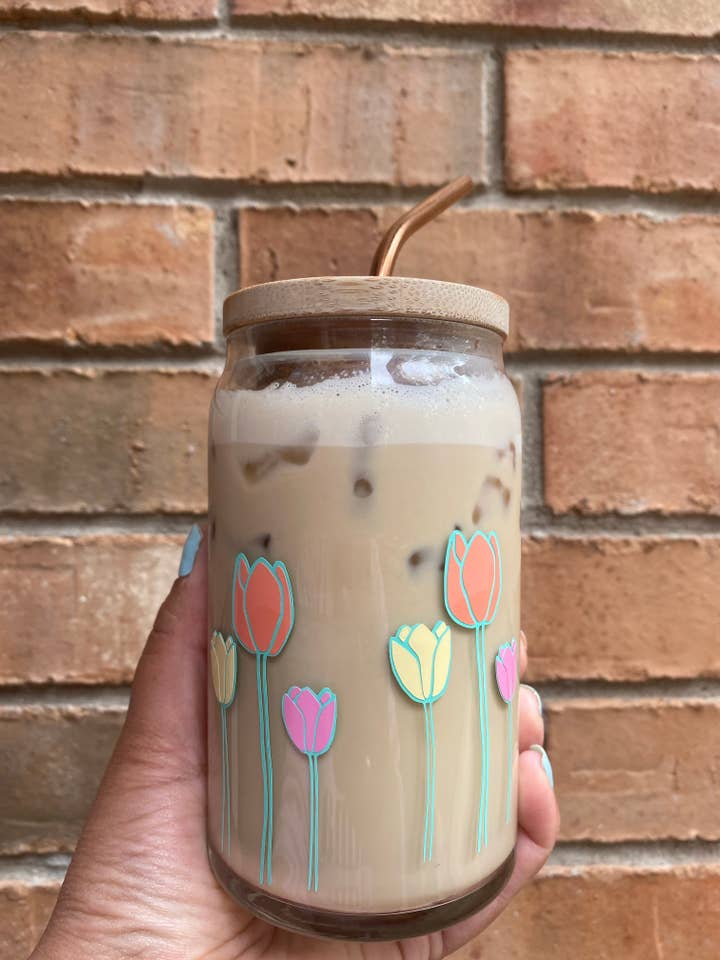 Tulips 16 oz. glass can cup for wholesale by Will + Vivi