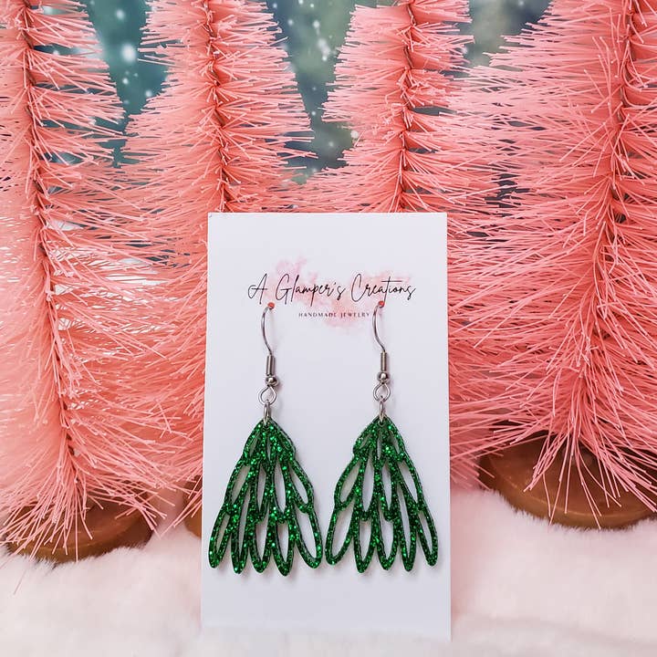 Green Glitter Boho Christmas Tree Acrylic Earrings for wholesale by A Glamper's Creations LLC