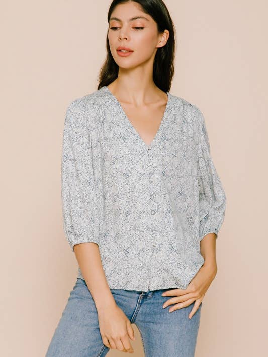 FLORAL PRINT V-NECK BUTTON DOWN BLOUSE- FT30665 for wholesale by Calista