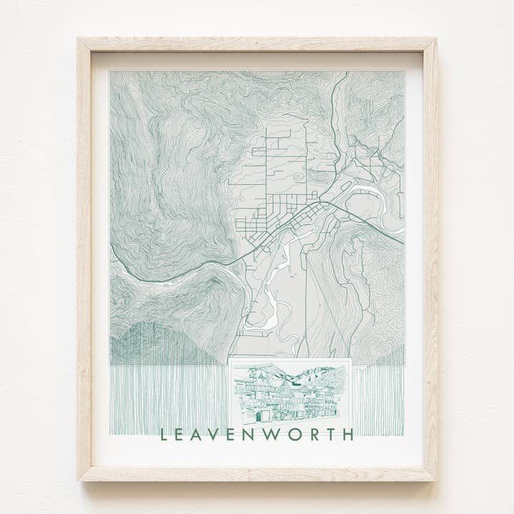 Leavenworth WA Handgetekende Topo Kaart KUNSTAFDRUK voor wholesale door Turn-of-the-Centuries