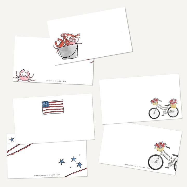 Coffret varié de petites notes en forme de crabe, blanc et bleu pour la vente par Lamb + Joy