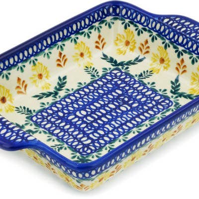Plat rectangulaire avec poignées 9" Thème Jardin de fleurs dorées pour la vente par Polmedia Polish Pottery