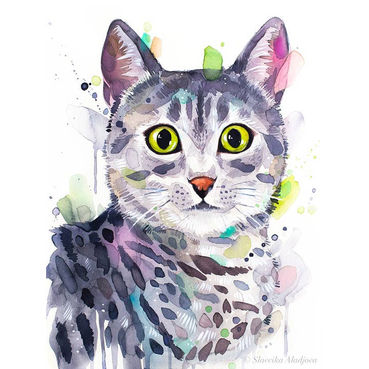 Slaveika Aladjova - Wholesale Art Print - Egyptian Mau cat Watercolor Painting Print, Cute Pet1