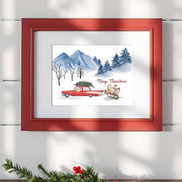 Santa Driving Vintage Red Car Merry Christmas Art Print for wholesale by Designs by Michaela