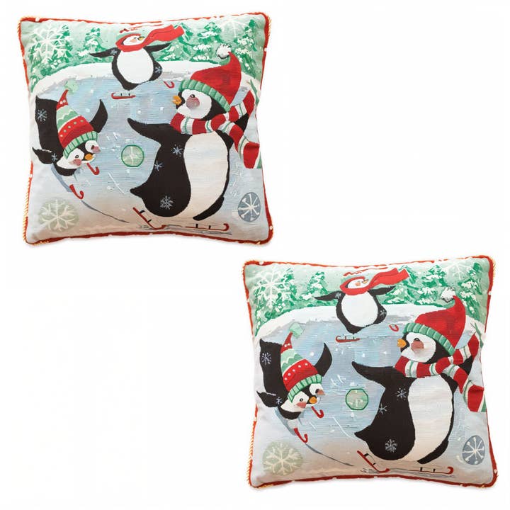 Set of 2 Skating Penguins Christmas Throw Pillow Covers for wholesale by BestPysanky