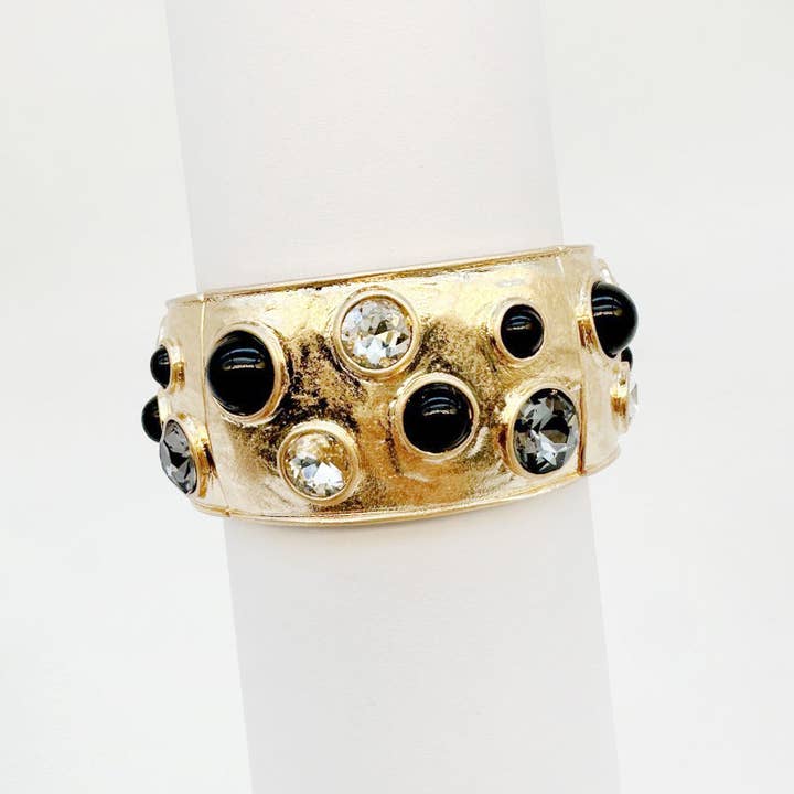 Gold Hammered Bangle with Black, Grey, and Clear Crystal Accents for wholesale by What's Hot