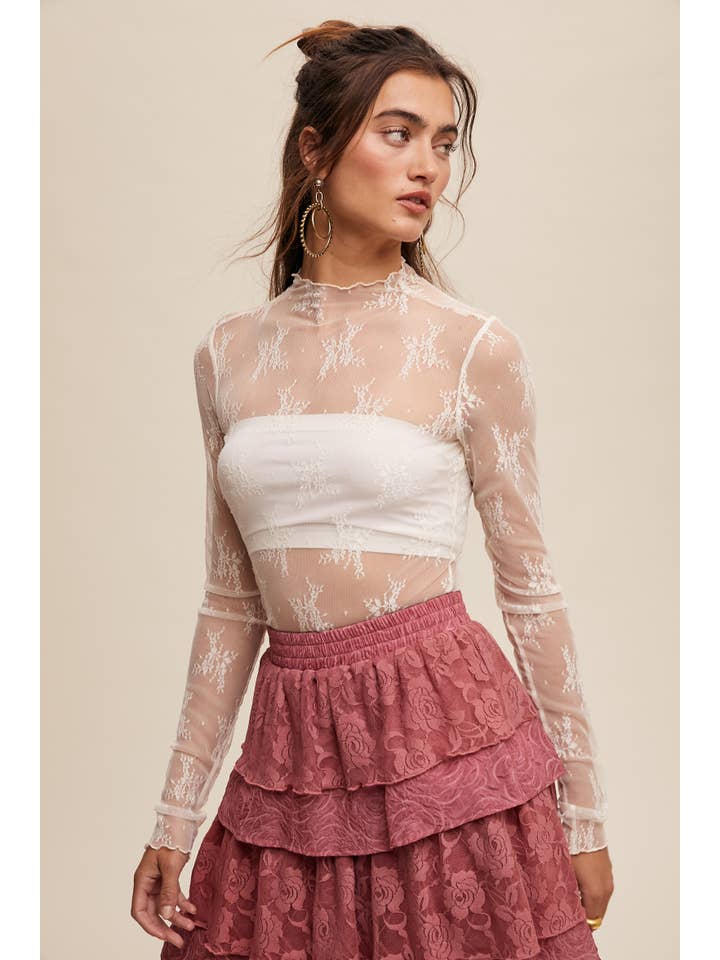 Listicle - Wholesale Blouse - Women's - Sheer Lace Long-Sleeve Top36