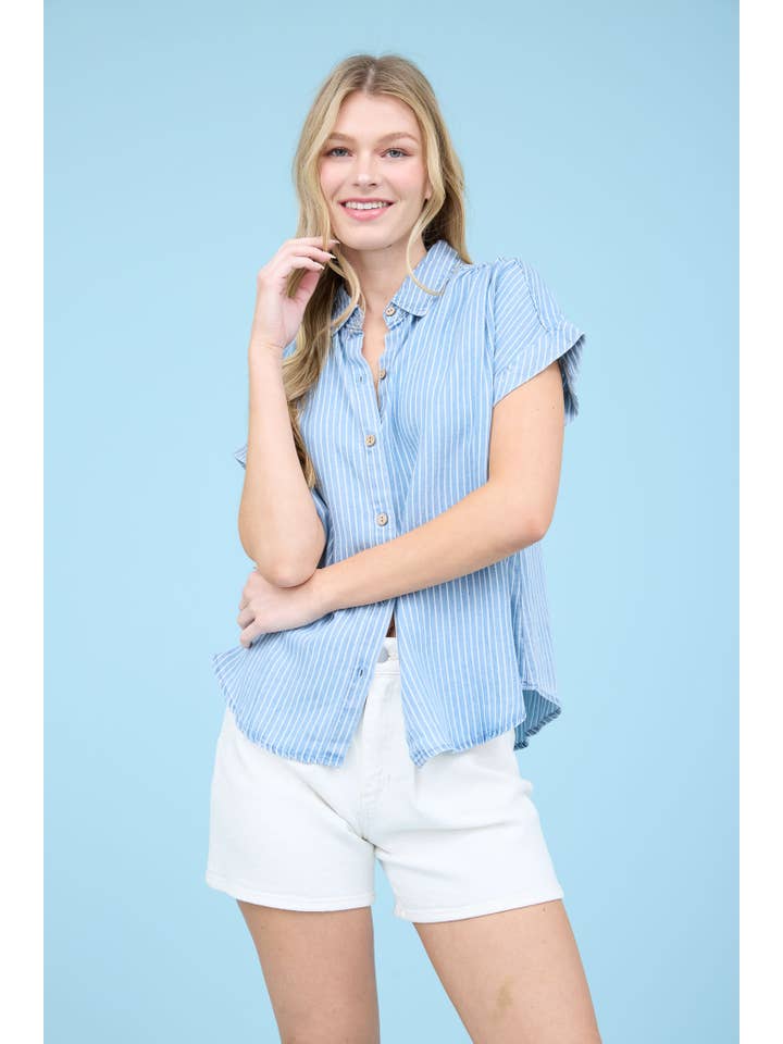 STRIPE CHAMBRAY BUTTON DOWN SHORT SLEEVE SHIRT for wholesale on Faire
