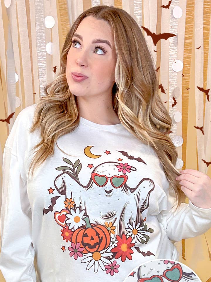 Chemise à manches longues à motif floral en forme de fantôme et strass pour la vente par Sugar Stitch