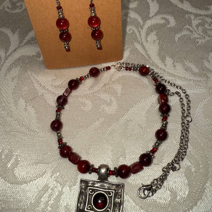 Gothic Vibes- Red Beaded Necklace and Earrings for wholesale by Reclaimed by Monica