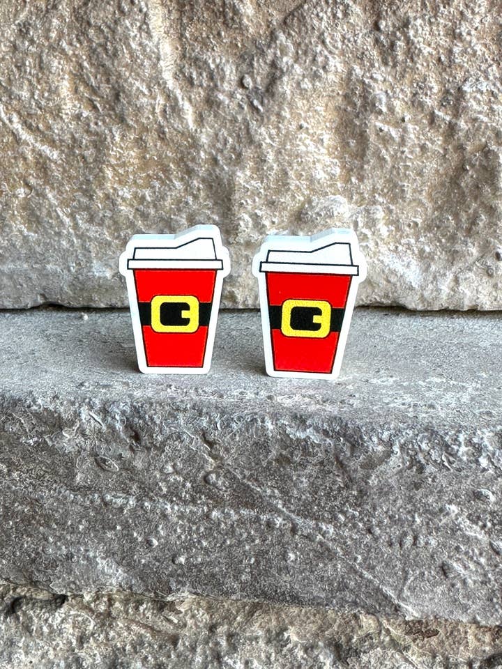 Santa Coffee Cup Earrings, Christmas Earrings for wholesale by Laser & Color Designs LLC
