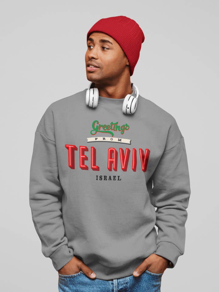 “Greetings from Tel Aviv” Fleece French Terry oversized retro logo crew neck sweatshirt for wholesale by CarryMeSoftly
