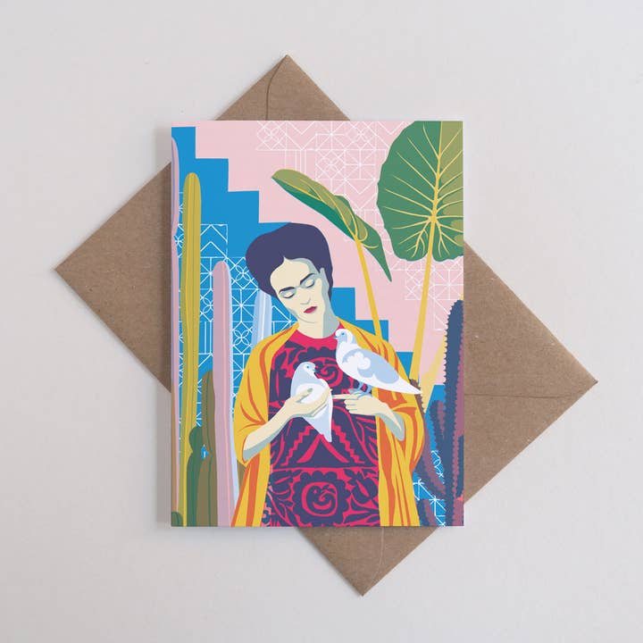 Frida | Everyday greetings card | Frida Khalo, bird lover for wholesale by Printer Johnson Ltd