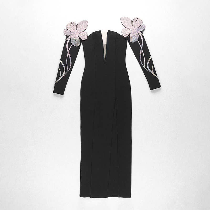 Black DR0238 V-Neck Diamond Bandage Dress - Elegant Evening Wear for wholesale on Faire6