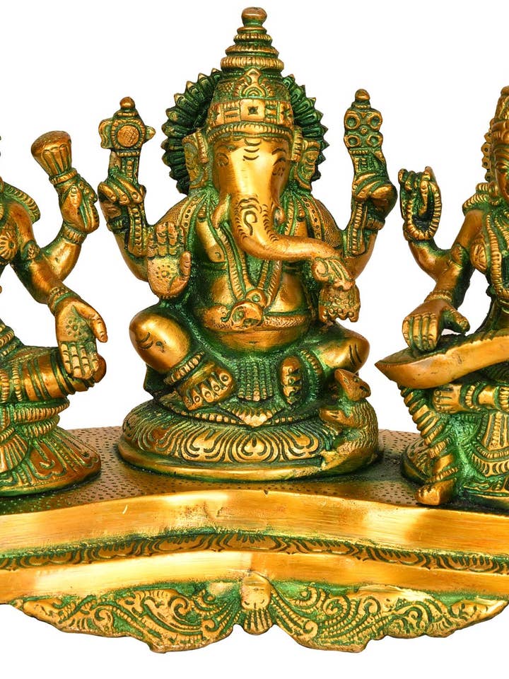 9" Auspicious Deities - Lakshmi Ganesha & Saraswati In Brass for wholesale by Exotic India Art