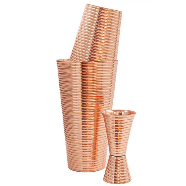 Fluted Copper 3-Piece Cocktail Shaker Set for wholesale by Prince of Scots