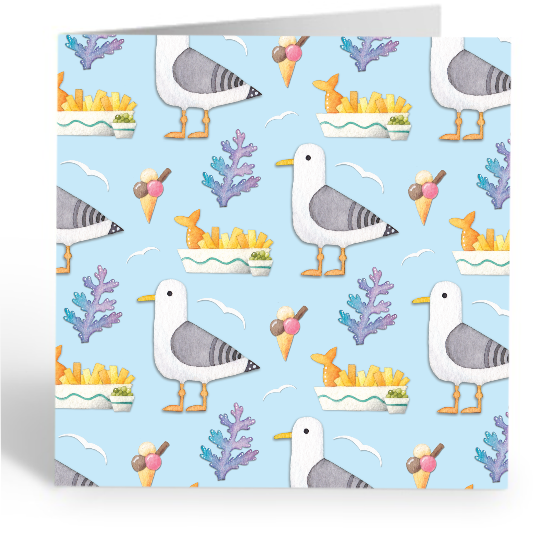 East Neuk Beach Crafts – wholesale Everyday greeting card – Seagull Greetings Card - Fish & Chips - Blank - Seaside Art0