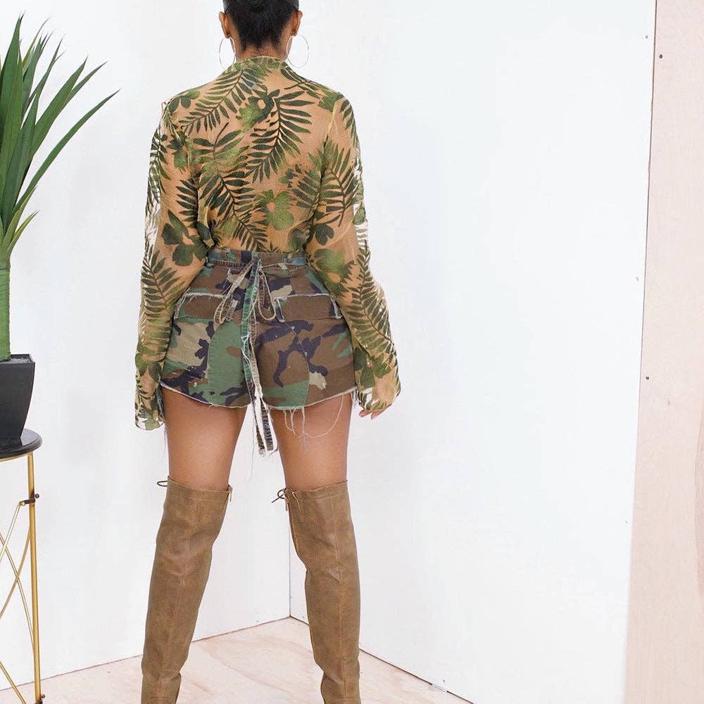 CAMOUFLAGE MB FASHION Camo Distressed Shorts with Frayed Hem 6603LY for wholesale on Faire7