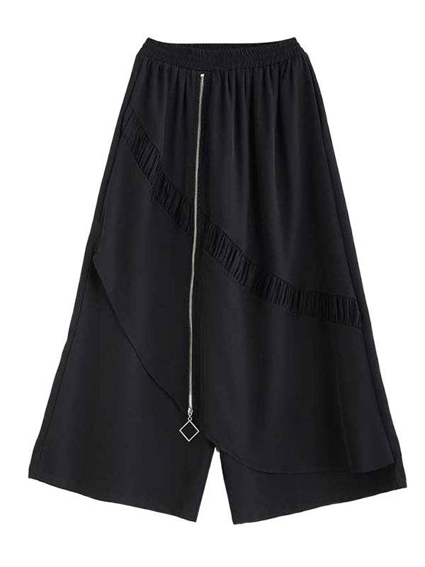 Plush Looks - Wholesale Pants - Women's - High Waisted Loose Elasticity Pleated Pockets Split-Joint Zipper Culotte Pants10