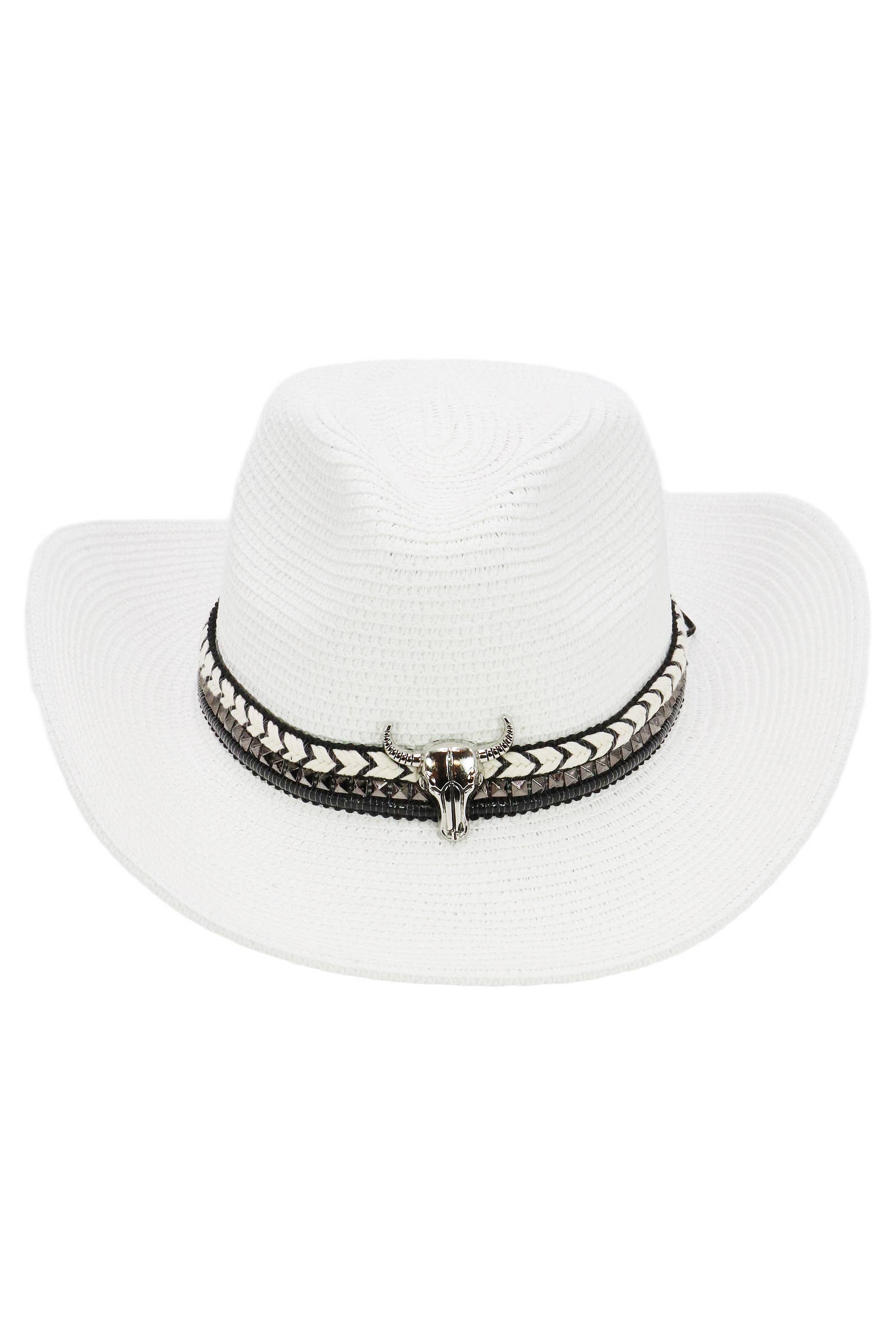 Cap Zone - Wholesale Cowboy Hat - Women's - Buffalo Skull Studs Braided Belt Straw Cowboy Hat14