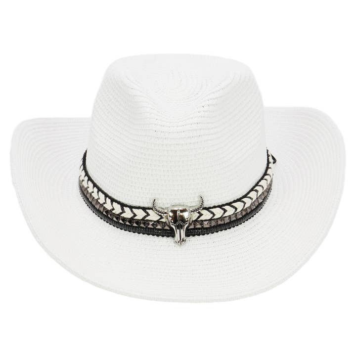 Cap Zone - Wholesale Cowboy Hat – Women’s - Buffalo Skull Studs Braided Belt Straw Cowboy Hat14
