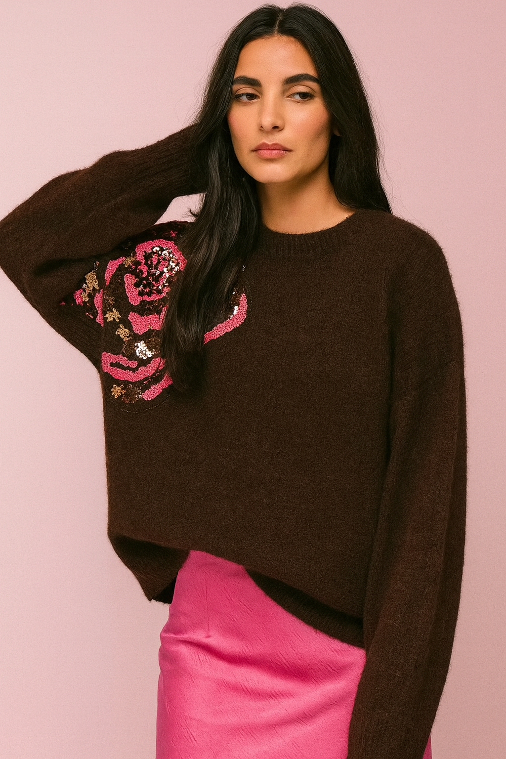 Afinity - Wholesale Knit Sweater - Women's - Floral sequin oversized sweater AP1072