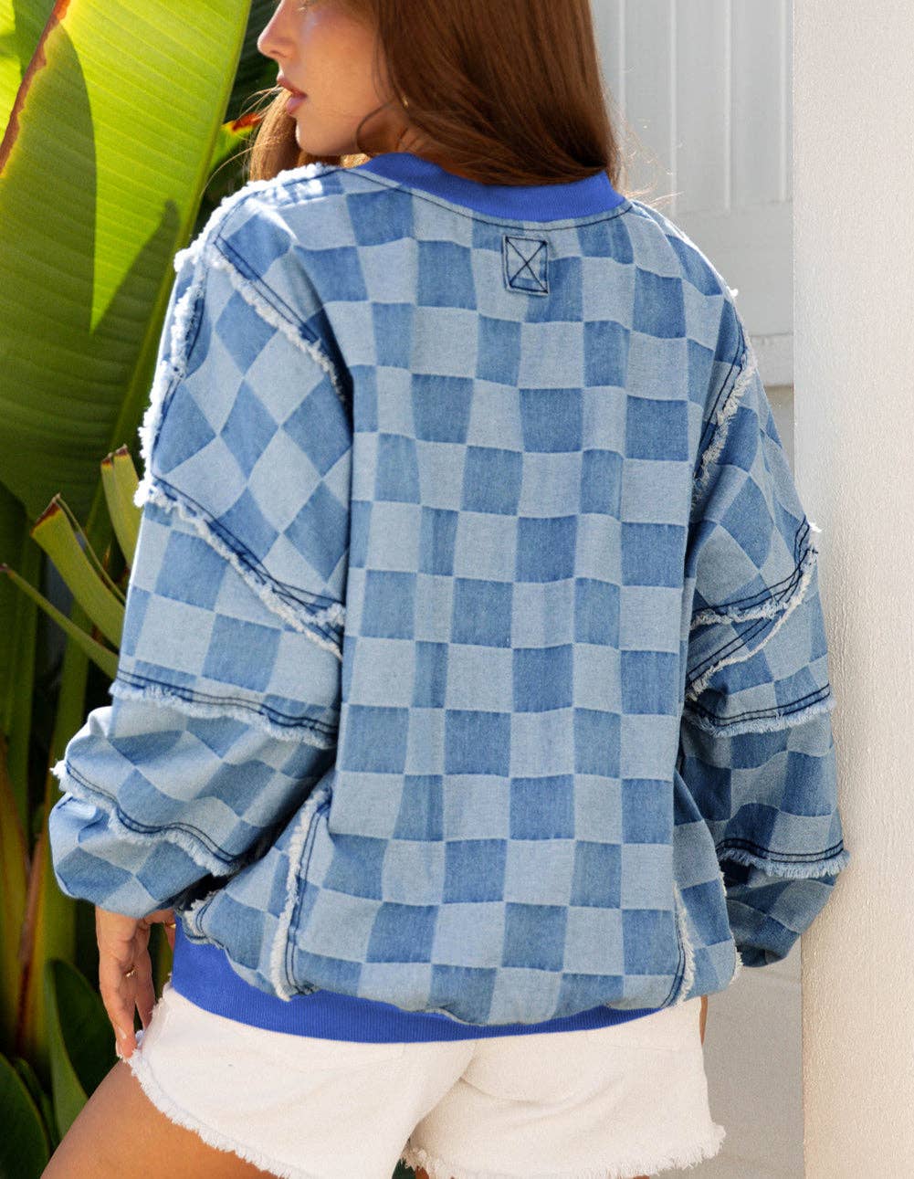 Sky Blue Checkerboard Splicing Raw Detail Oversized Denim Pullover for wholesale on Faire1