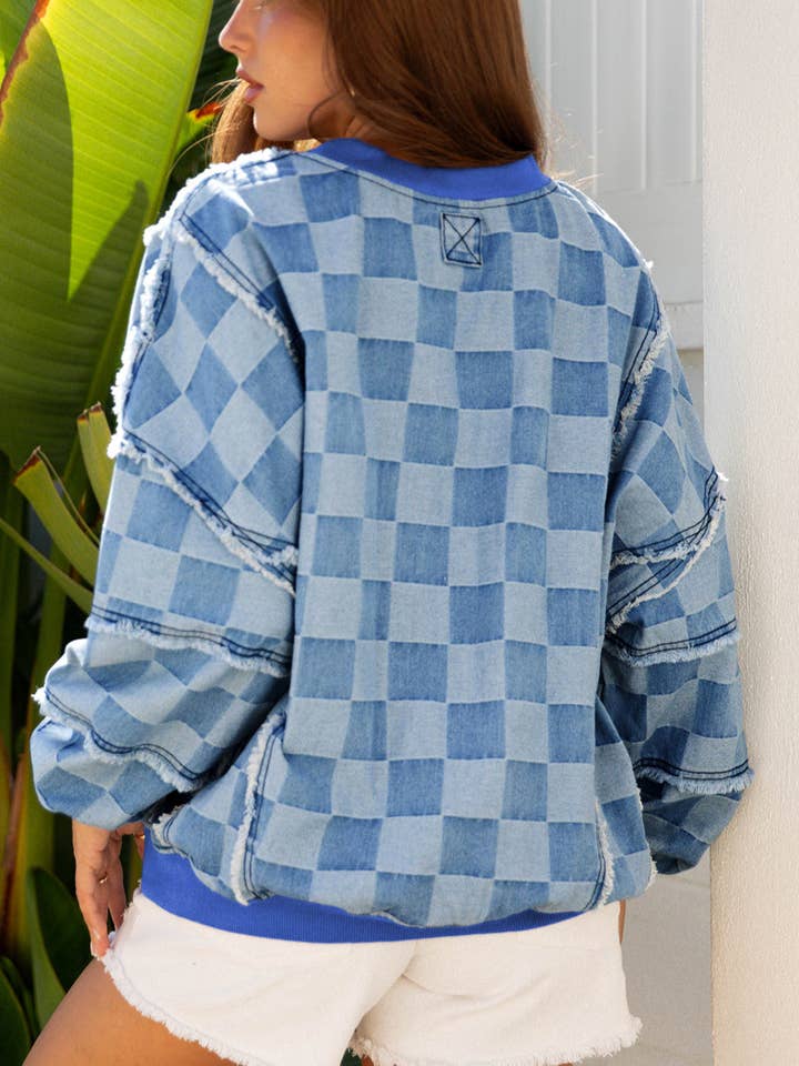 Sky Blue Checkerboard Splicing Raw Detail Oversized Denim Pullover for wholesale on Faire1