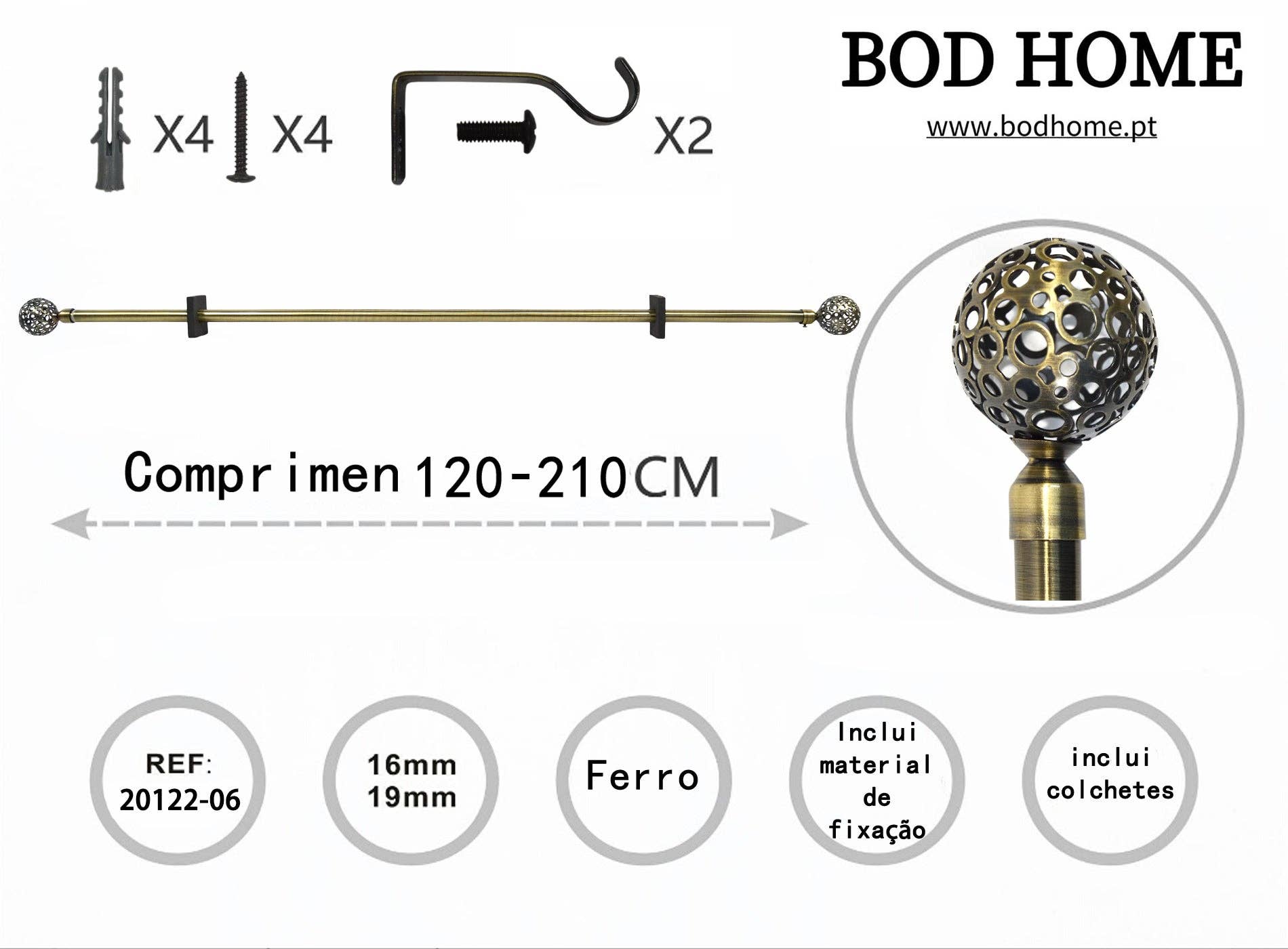 BOD HOME - Wholesale Curtain Rod - Curtain Rod 120-210cm Spherical Golden Vase2