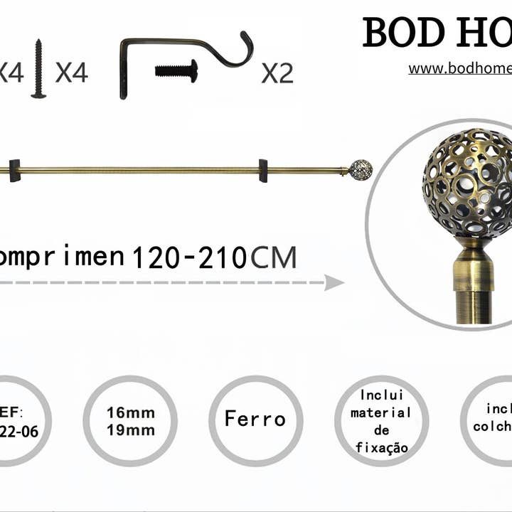 BOD HOME - Wholesale Curtain Rod - Curtain Rod 120-210cm Spherical Golden Vase2