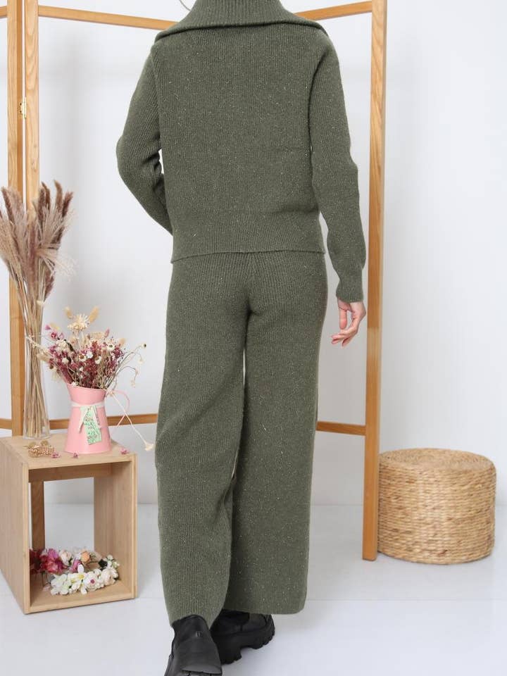 DIX-ONZE - Wholesale Top & Pant Set (NOT Loungewear) - Women's - Zipped Knit Set – Wide Collar Jacket & Straight Pants14