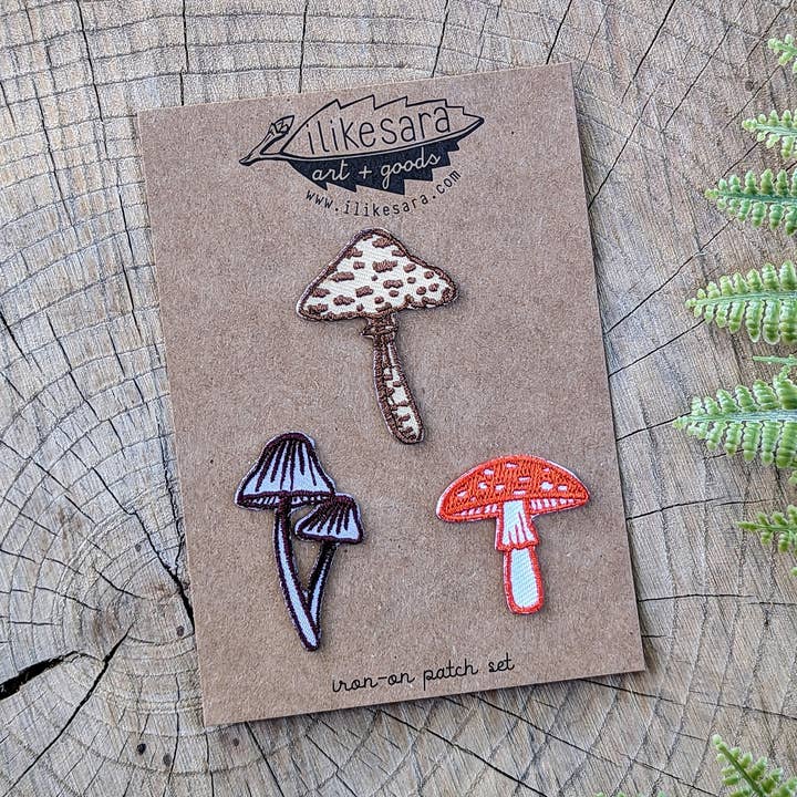 iron-on patch | mushroom 3-pack - brown, red, purple for wholesale by ilikesara | art + goods