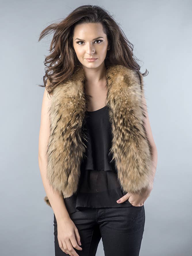 Beige Lamb Nappa Leather Vest with Raccoon Fur Detailing for wholesale by Buy Me Fur