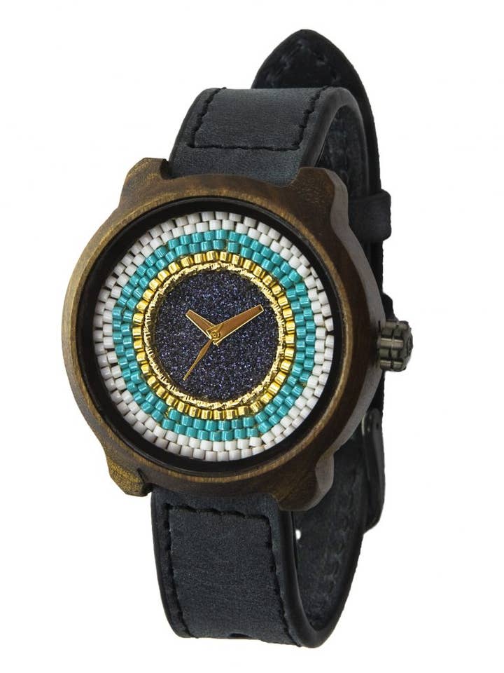 Ur lavet af træ, gråt læder og turkis Miyuki perler for engroshandel hos Boutique ArtNika