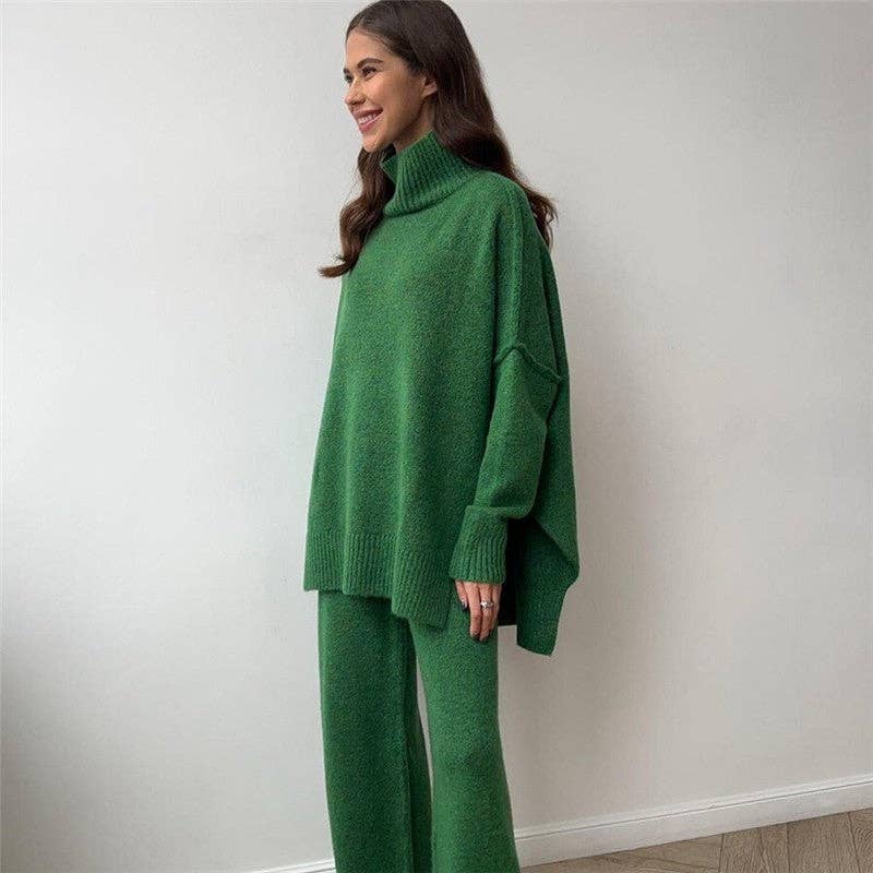 UZ Wholesale Store - Wholesale Lounge Set - Women's - Solid Color High Neck Sweater Knit Long Pants Set5